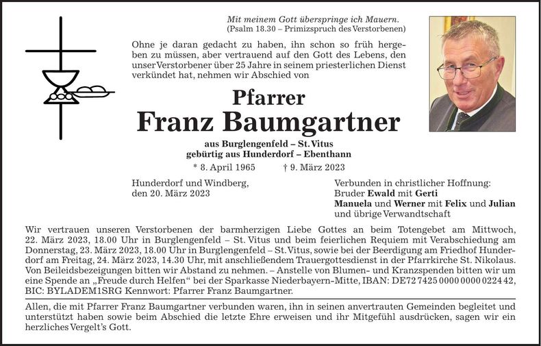 Traueranzeige Franz Pfarrer Baumgartner
