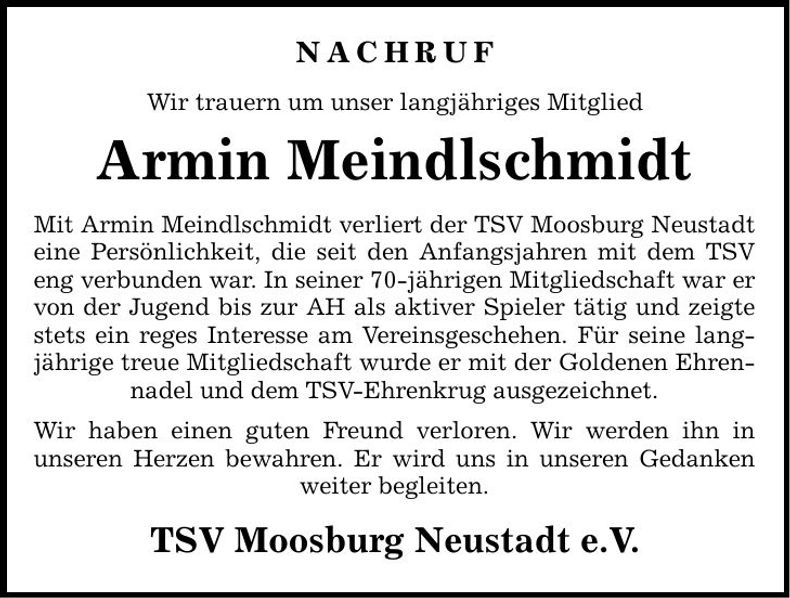 Traueranzeige Armin Meindlschmidt