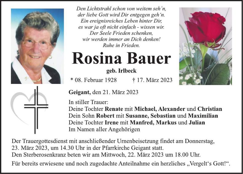 Traueranzeige Rosina Bauer