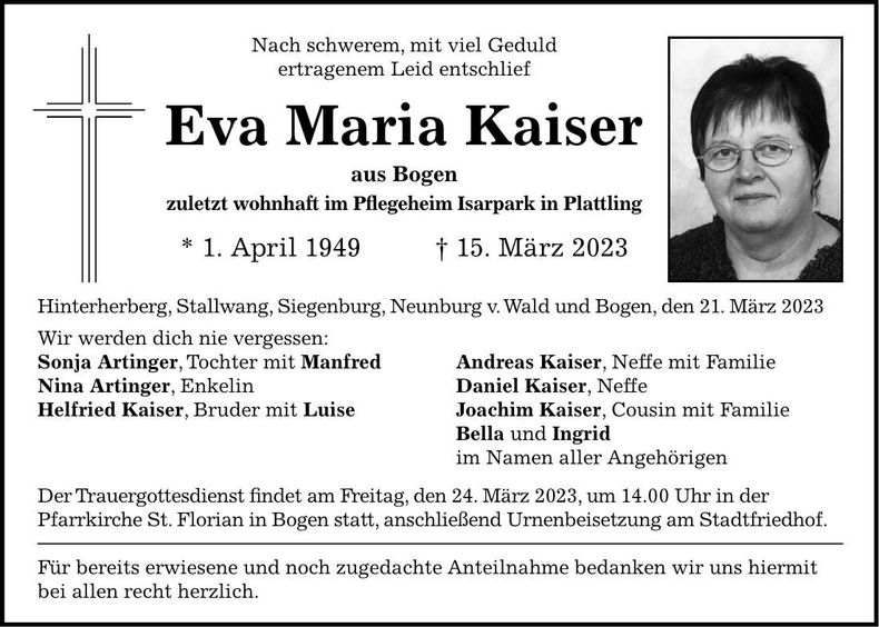 Traueranzeige Eva Maria Kaiser