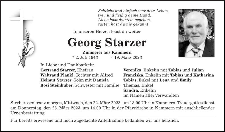 Traueranzeige Georg Starzer