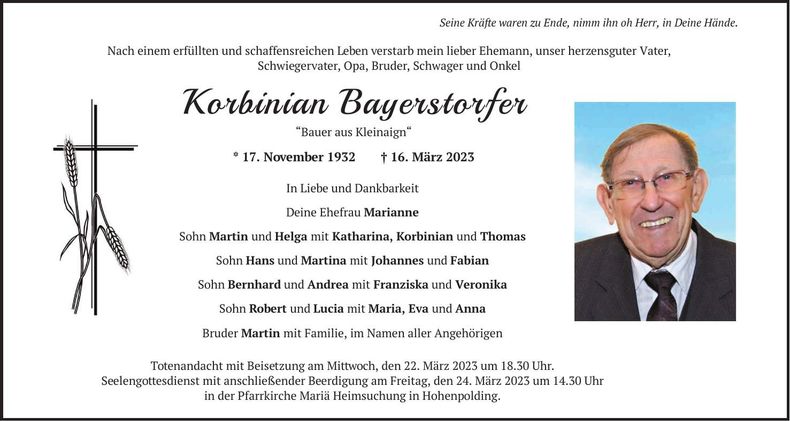 Traueranzeige Korbinian Bayerstorfer
