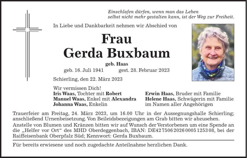 Traueranzeige Gerda Buxbaum