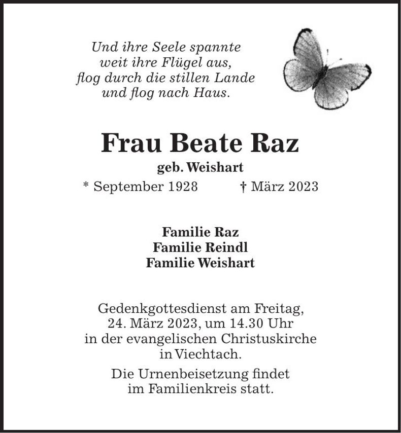 Traueranzeige Beate Raz