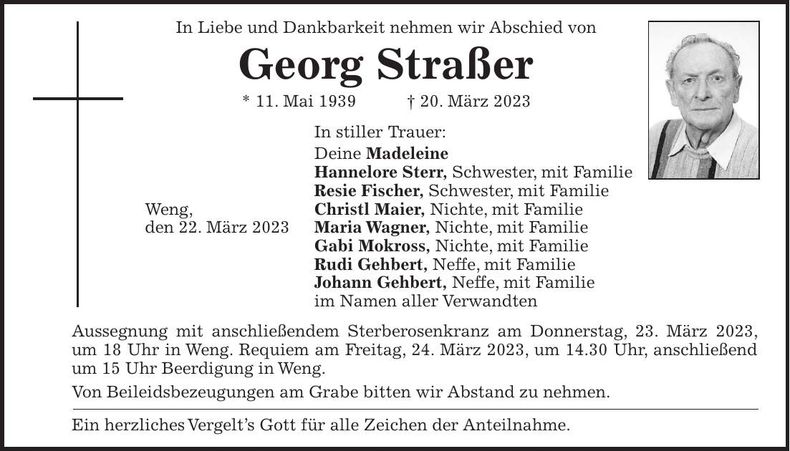 Traueranzeige Georg Straßer