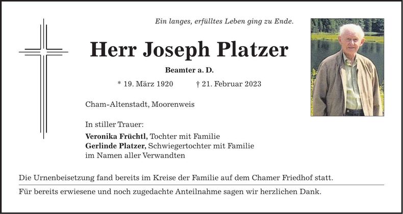 Traueranzeige Josef Platzer