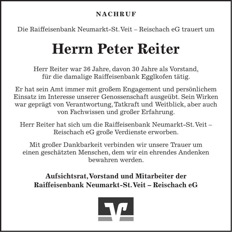 Traueranzeige Peter Reiter