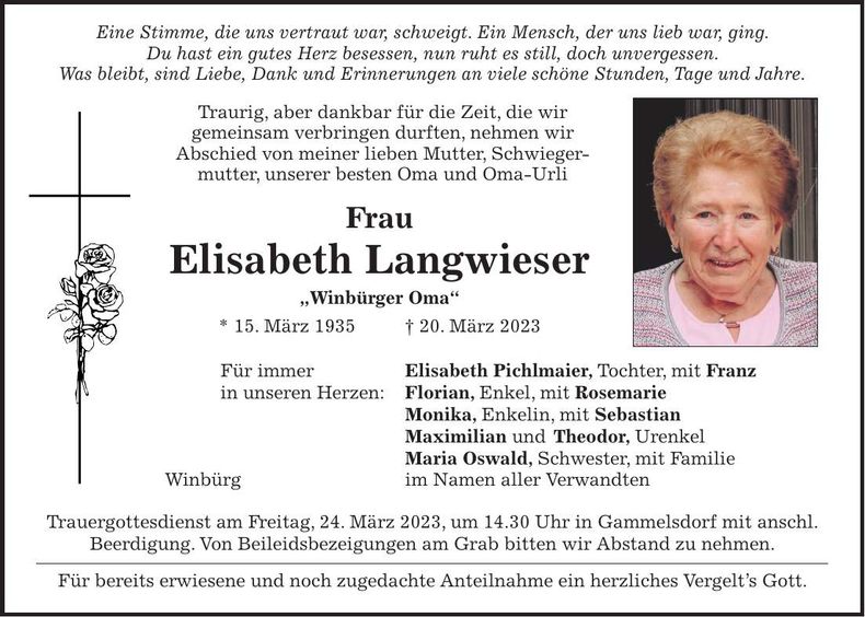 Traueranzeige Elisabeth Langwieser
