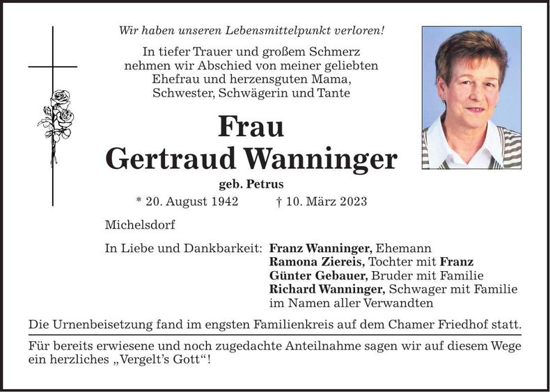 Traueranzeige Gertraud Wanninger