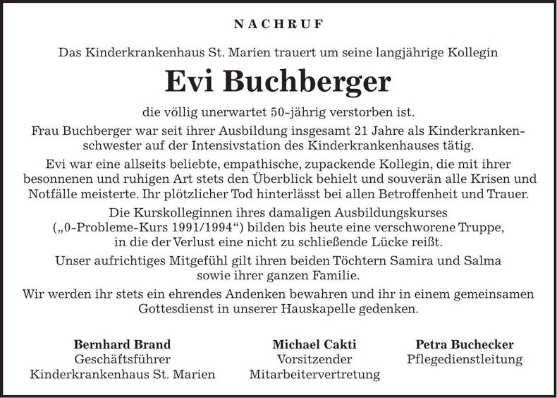 Traueranzeige Evi Buchberger