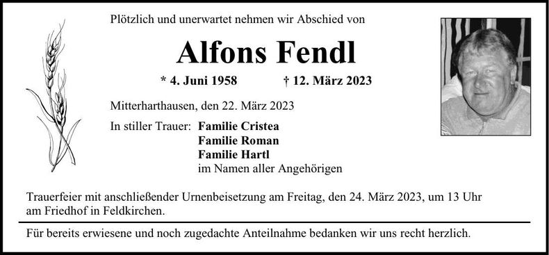 Traueranzeige Alfons Fendl
