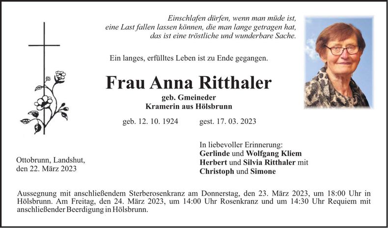 Traueranzeige Anna Ritthaler