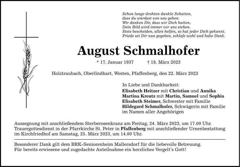 Traueranzeige August Schmalhofer