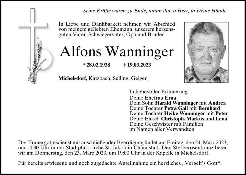 Traueranzeige Alfons Wanninger
