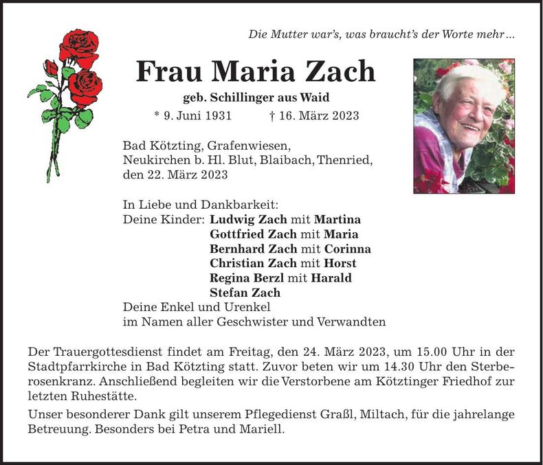 Traueranzeige Maria Zach