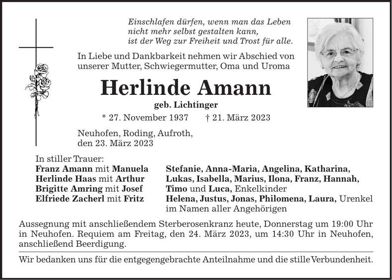 Traueranzeige Herlinde Amann