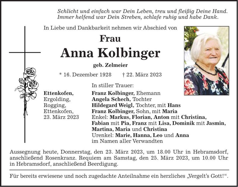 Traueranzeige Anna Kolbinger