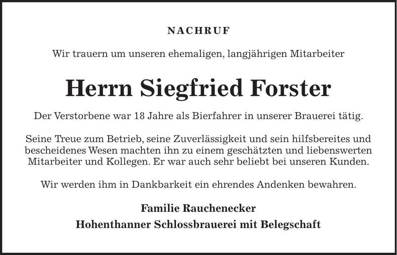 Traueranzeige Siegfried Forster