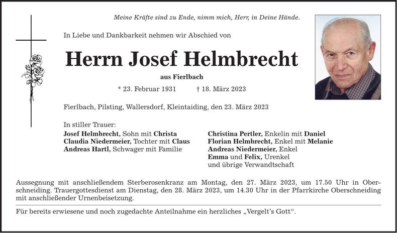 Traueranzeige Josef Helmbrecht