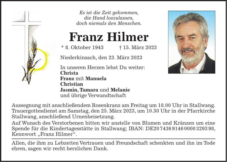 Traueranzeige Franz Hilmer