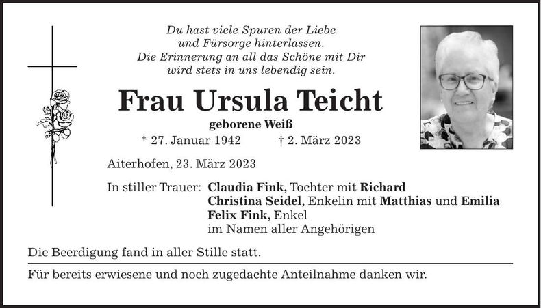 Traueranzeige Ursula Teicht