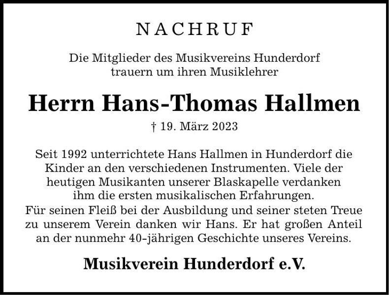 Traueranzeige Hans-Thomas Hallmen