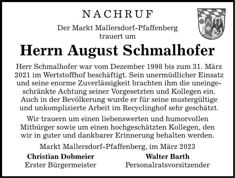Traueranzeige August Schmalhofer