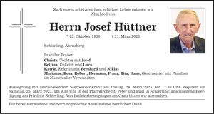 Traueranzeige Josef Hüttner