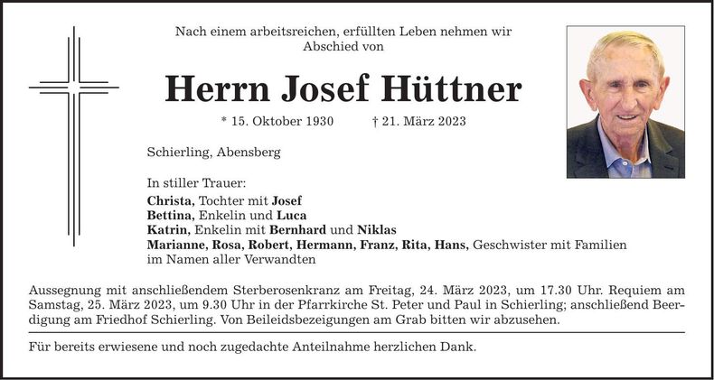 Traueranzeige Josef Hüttner