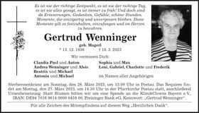 Traueranzeige Gertrud Wenninger