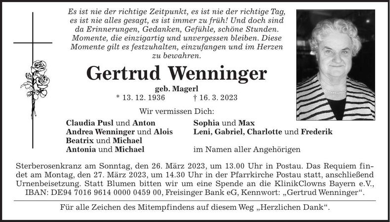 Traueranzeige Gertrud Wenninger