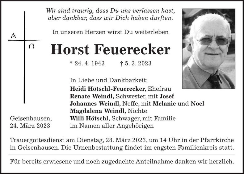 Traueranzeige Horst Feuerecker
