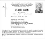 Traueranzeige Maria Weiß