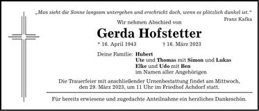 Traueranzeige Gerda Hofstetter