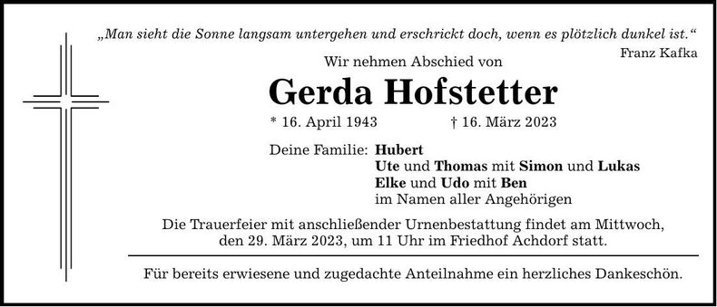 Traueranzeige Gerda Hofstetter