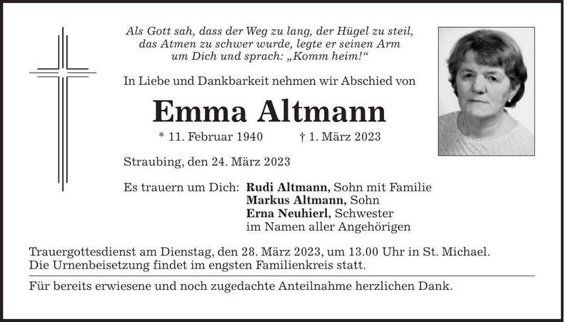Traueranzeige Emma Altmann