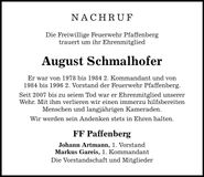Traueranzeige August Schmalhofer