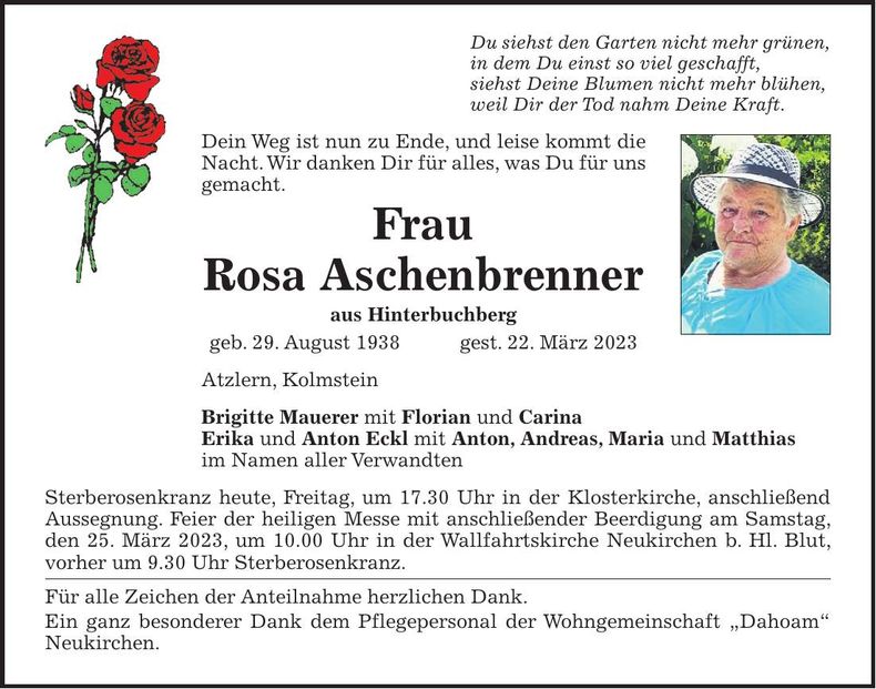 Traueranzeige Rosa Aschenbrenner