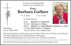 Traueranzeige Barbara Gallner