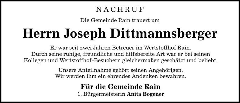 Traueranzeige Joseph Dittmannsberger