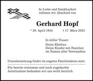 Traueranzeige Gerhard Hopf