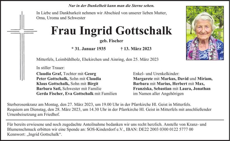 Traueranzeige Ingrid Gottschalk