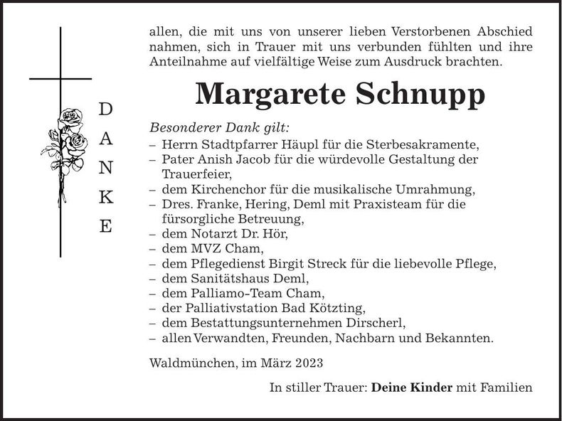 Traueranzeige Margarete Schnupp