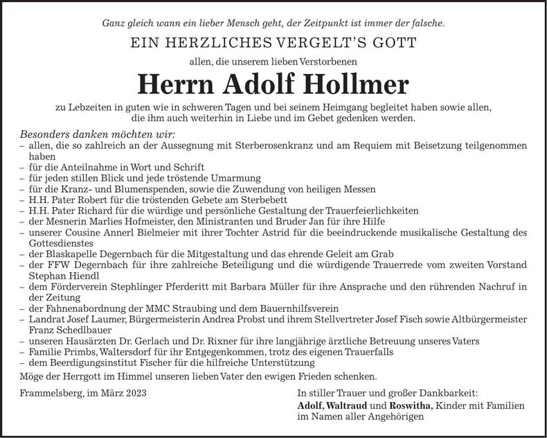 Traueranzeige Adolf Hollmer