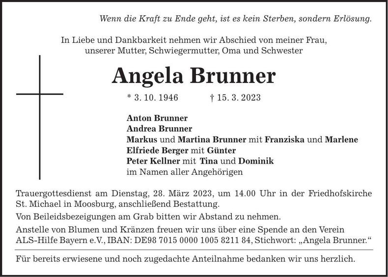 Traueranzeige Angela Brunner