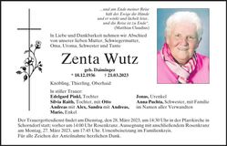 Traueranzeige Zenta Wutz