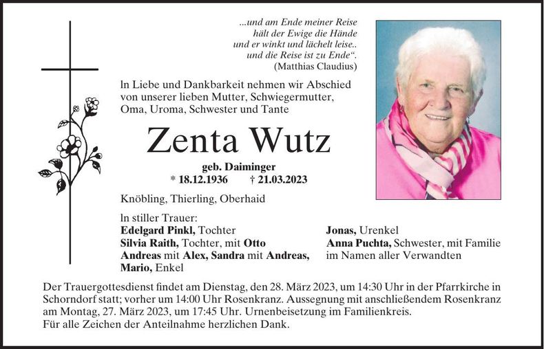 Traueranzeige Zenta Wutz