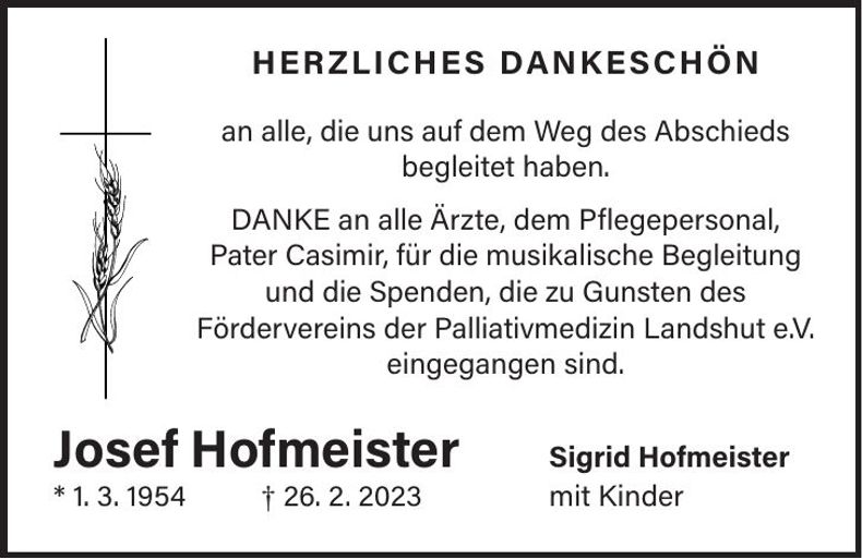 Traueranzeige Josef Hofmeister