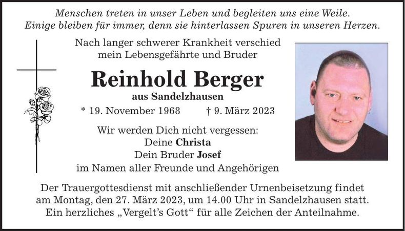 Traueranzeige Reinhold Berger