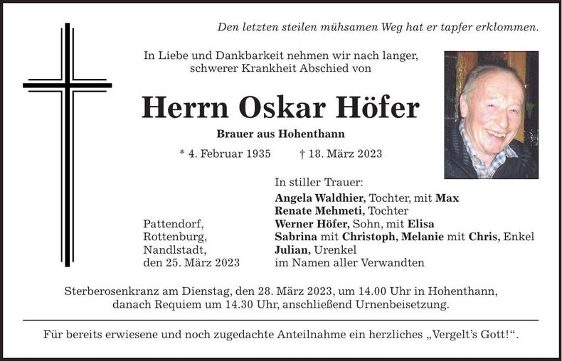 Traueranzeige Oskar Höfer